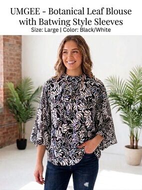 Black & White Floral Tie-Neck Blouse - Women Batwing